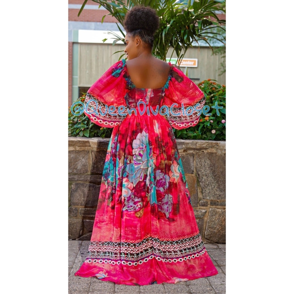 Floral queen goddess pink blue fuchsia bustier corset long sleeve maxi dress M 6 - Picture 5 of 8